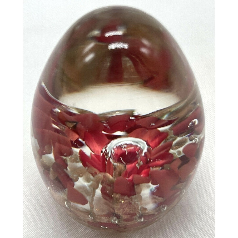 Vintage Art Glass Egg Paperweight Hand Blown Red/Aventurine Gold Controlled Bub